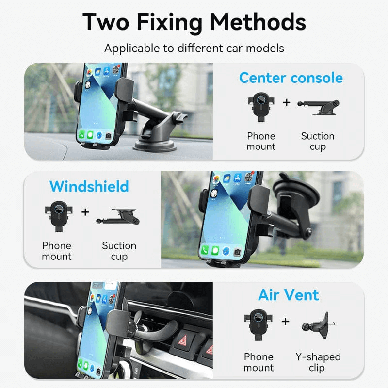 Vention Car Phone Mount with Dual Mounting Mode showcasing two fixing methods for convenience in different car models.