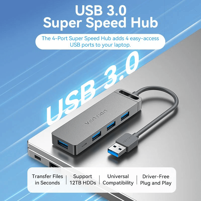 Vention 5-in-1 USB 3.0 Super Speed Hub connected to laptop with four USB ports and sleek design.