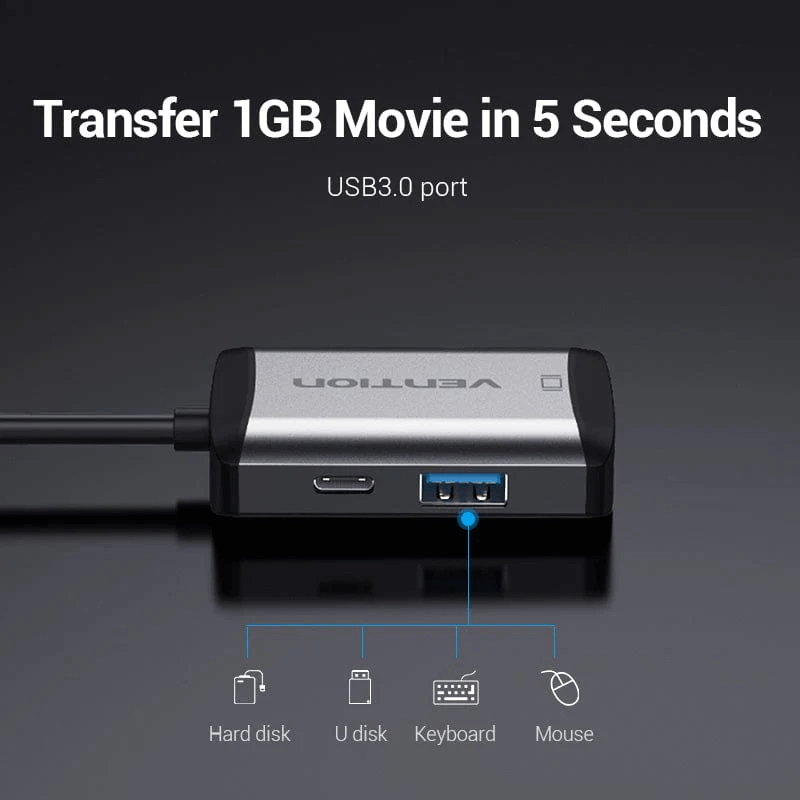 Vention 4-in-1 USB-C Docking Station showcasing USB 3.0 port for fast data transfer.