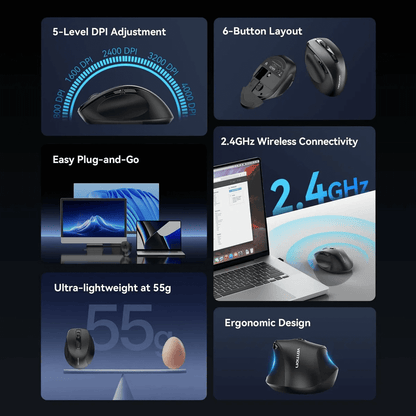 Vention 2.4G Wireless Ergonomic Mouse features easy plug-and-go, 6-button layout, 5-level DPI adjustment and ergonomic design.