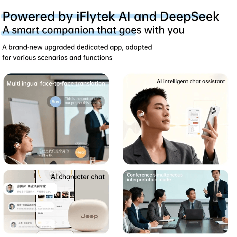 Jeep EX1 Open-Ear Wireless Earbuds with AI Translator features AI chat assistant and multilingual translation functions.