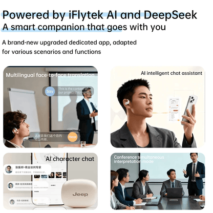 Jeep EX1 Open-Ear Wireless Earbuds with AI Translator features AI chat assistant and multilingual translation functions.