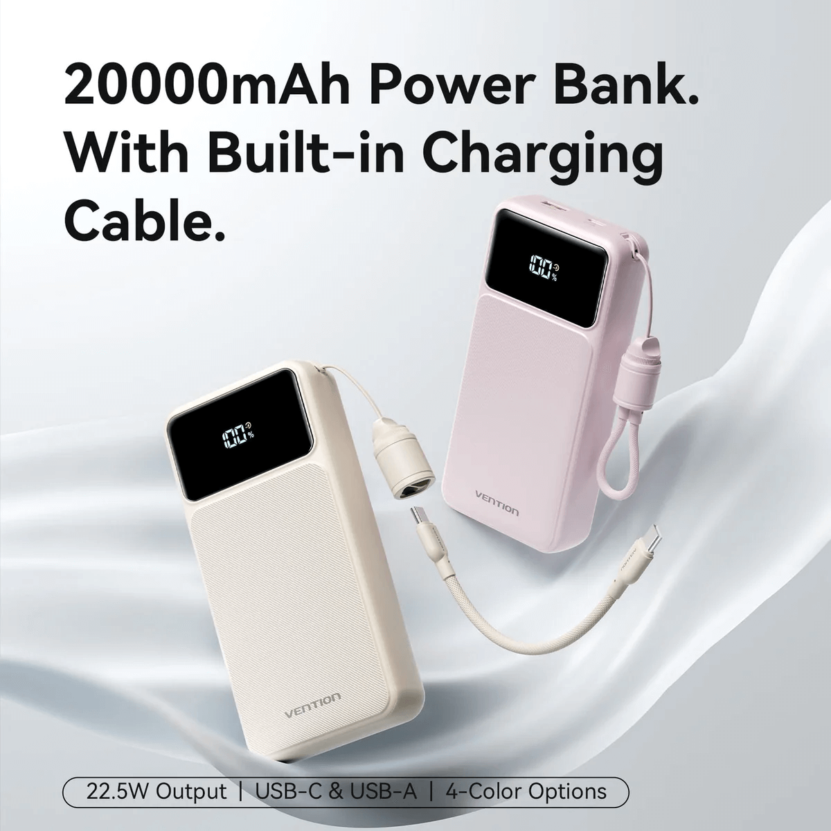 Vention 20000mAh Power Bank with Built-in Cable 22.5W in two colors, showcasing its compact and efficient design.