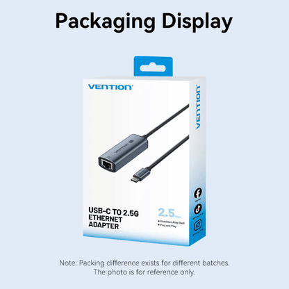 Vention USB-C to 2.5G Ethernet Adapter packaging display, showcasing its plug-and-play design and sleek aluminum alloy shell.