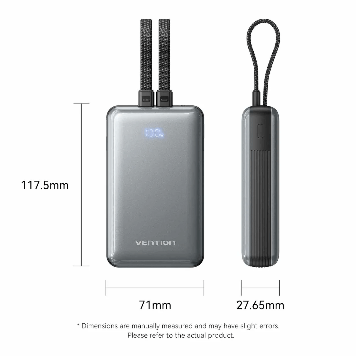 Vention 20000mAh Power Bank with Built-in Cables 35W dimensions and design showing integrated cables