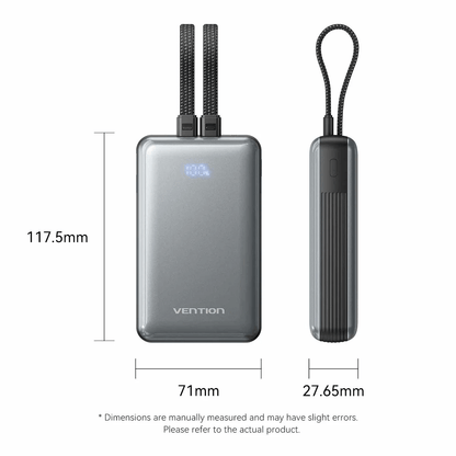 Vention 20000mAh Power Bank with Built-in Cables 35W dimensions and design showing integrated cables
