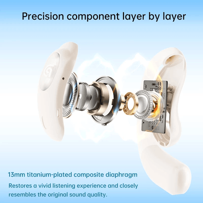 Jeep EX1 Open-Ear Wireless Earbuds with AI Translator showing precision component layers and 13mm diaphragm.