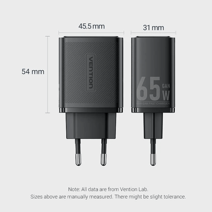 Vention 3-Port USB (C+C+A) GaN Charger 65W dimensions showing size and features.