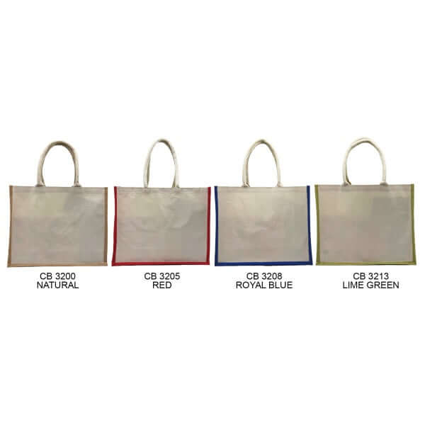Four 10oz Natural Canvas Bags in Natural, Red, Royal Blue, and Lime Green colors.