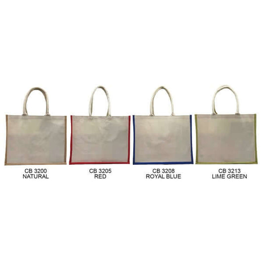 Four 10oz Natural Canvas Bags in Natural, Red, Royal Blue, and Lime Green colors.