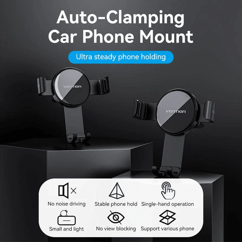 Vention Car Phone Mount featuring auto-clamping, hands-free operation, and noise-free design, ideal for safe driving.