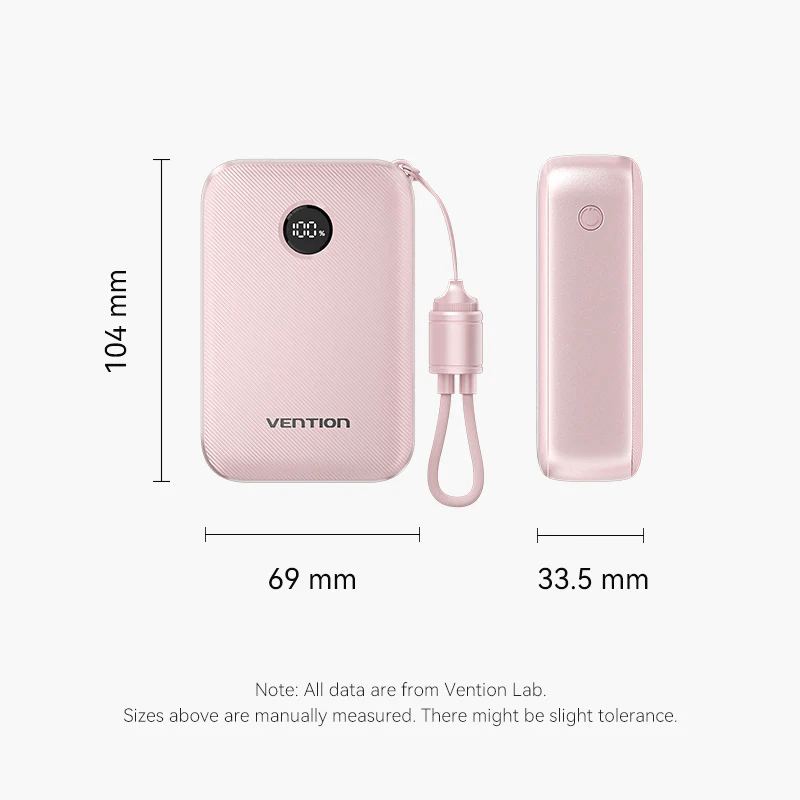 Vention Compact 20000mAh Power Bank 22.5W, dimensions 104mm x 69mm x 33.5mm, perfect for on-the-go charging.