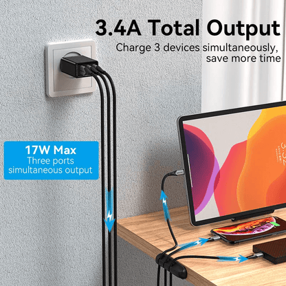 Vention 3-Port USB(A+A+A) Wall Charger 17W charging three devices simultaneously with 3.4A total output.