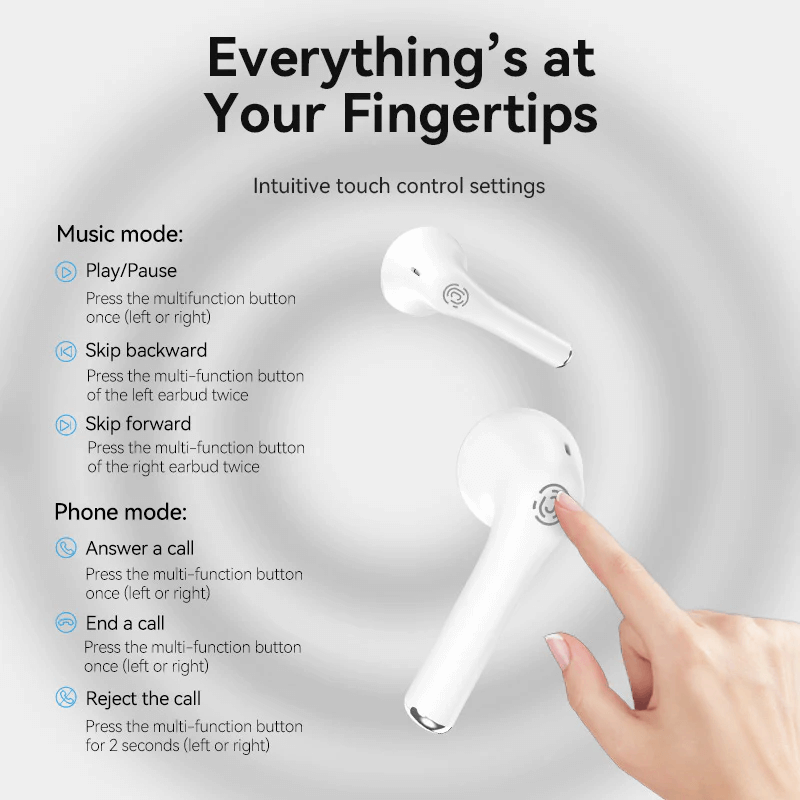 Vention True Wireless Bluetooth Earbuds Elf E02 touch control settings for music and phone functions