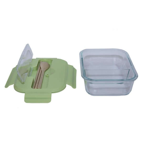 Glass Lunch Box with Cutlery, featuring a heat-resistant glass container and included cutlery for meal prep.