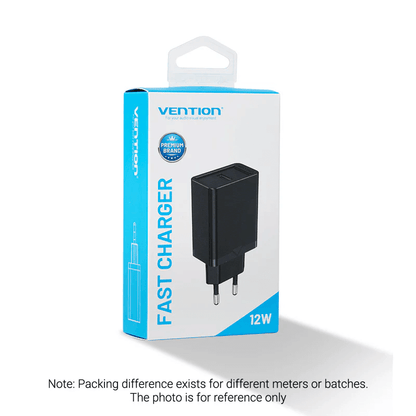 Vention 1-Port USB Wall Charger 12W packaging with fast charger label, ideal corporate gift.