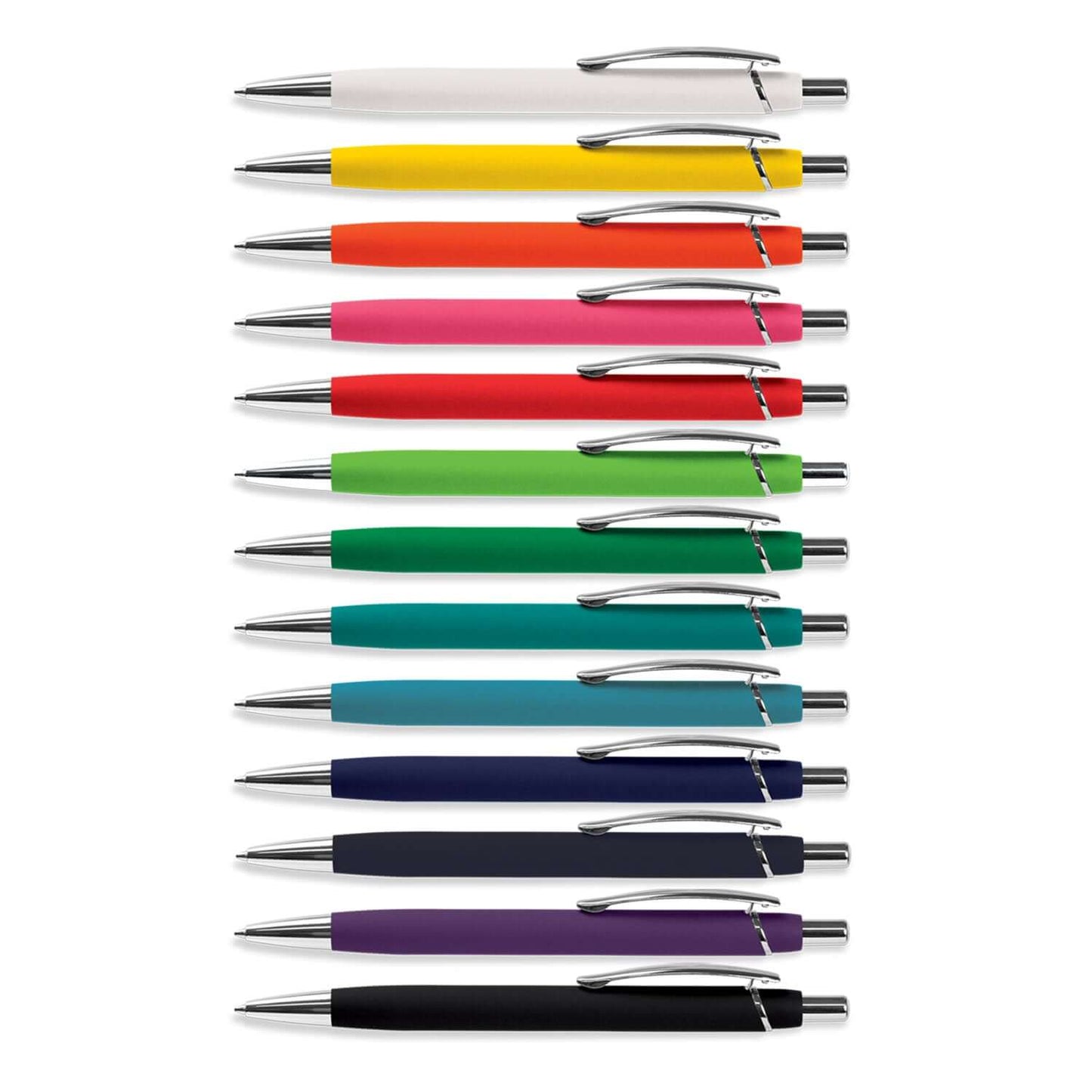 Colorful array of Centurion Soft-Touch Pens in various shades, showcasing their sleek design for corporate gifts.