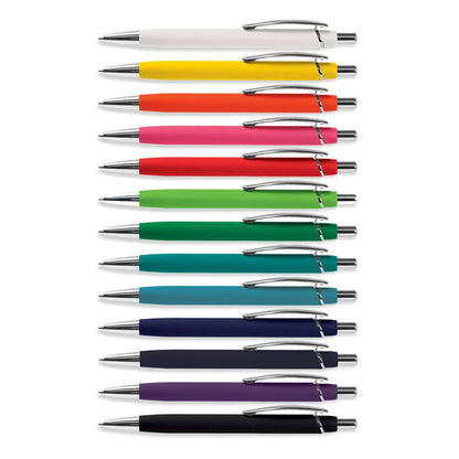 Colorful array of Centurion Soft-Touch Pens in various shades, showcasing their sleek design for corporate gifts.