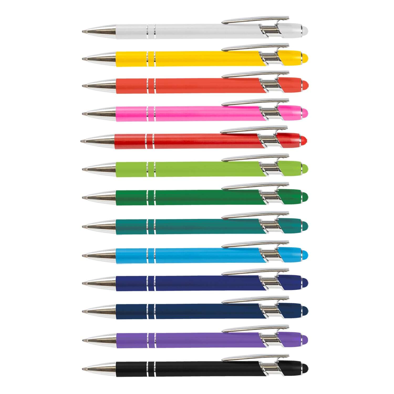 Colorful assortment of retractable pens, featuring various shades including red, blue, green, and yellow, ideal for office supplies.