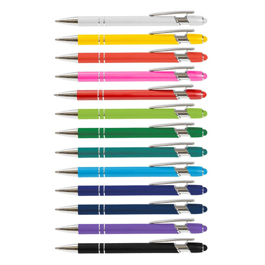 Colorful assortment of retractable pens, featuring various shades including red, blue, green, and yellow, ideal for office supplies.