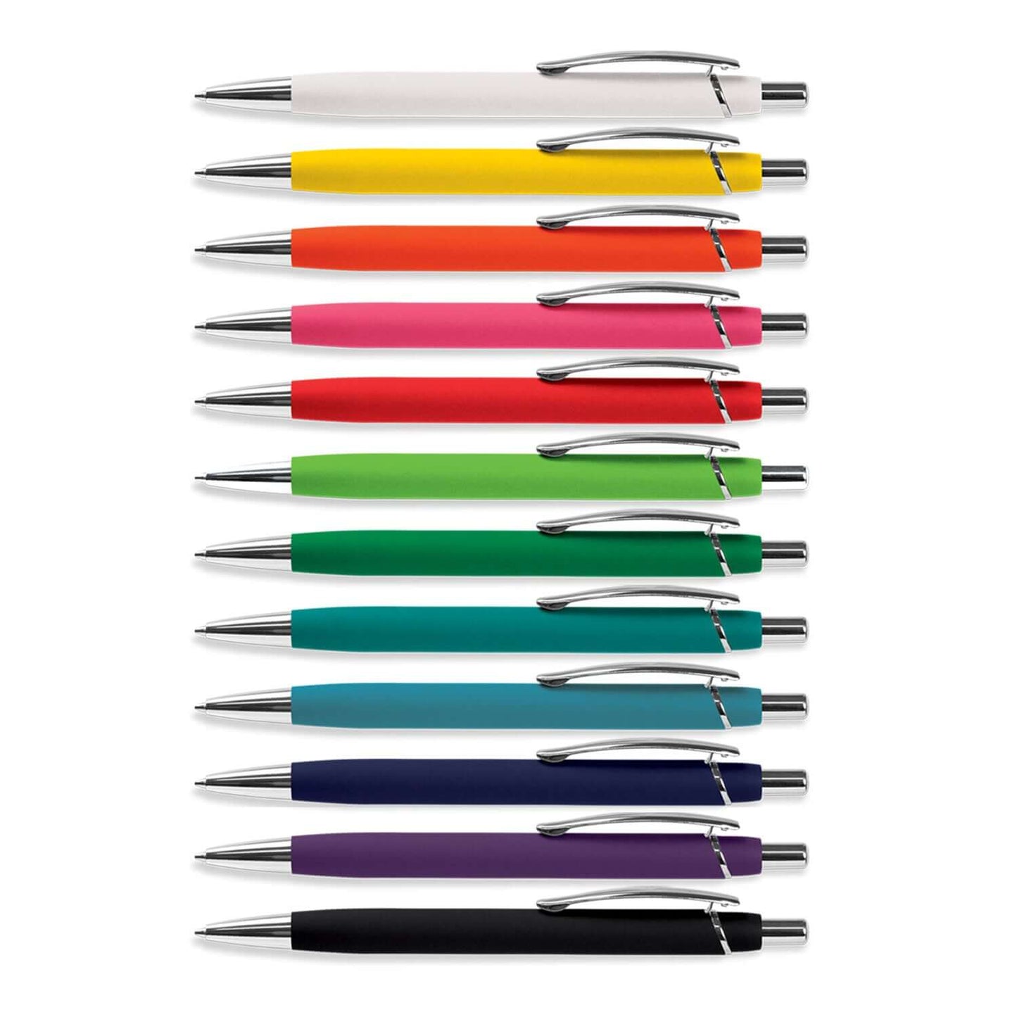 Colorful retractable ballpoint pens in various hues, featured in the Omega Notebook and Pen Gift Set.