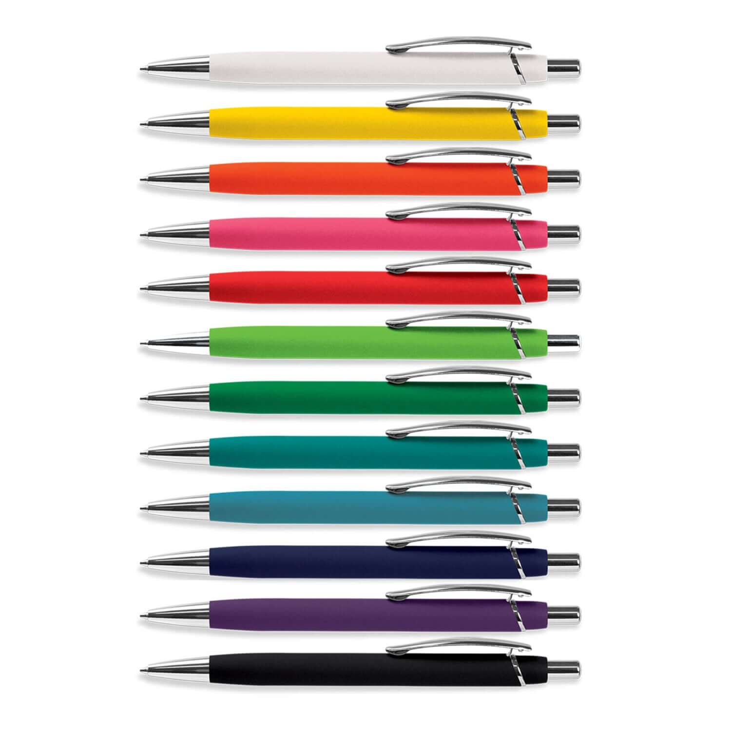 Colorful retractable ballpoint pens in various hues, featured in the Omega Notebook and Pen Gift Set.