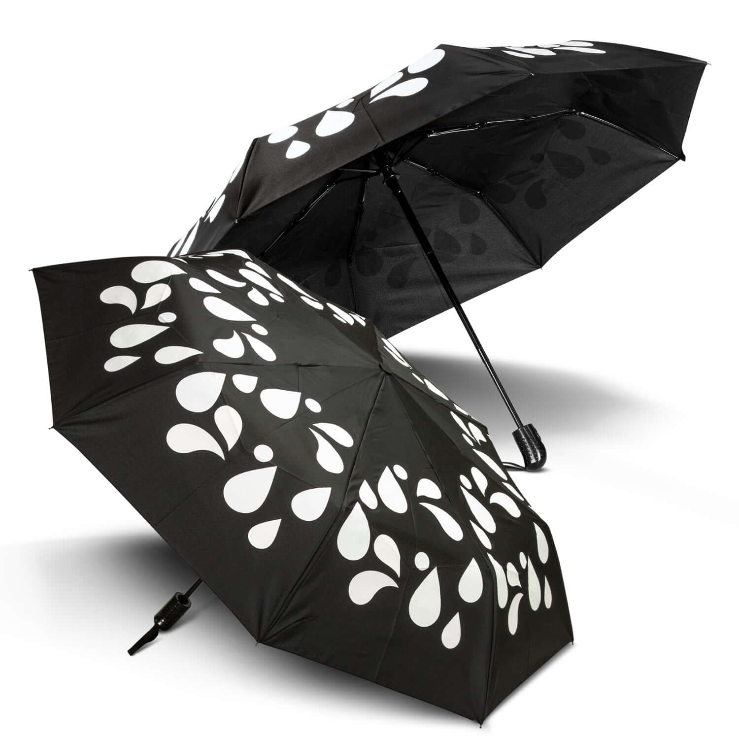 Colour Changing Compact Umbrella with black design and white droplets, ideal corporate gift in Singapore.