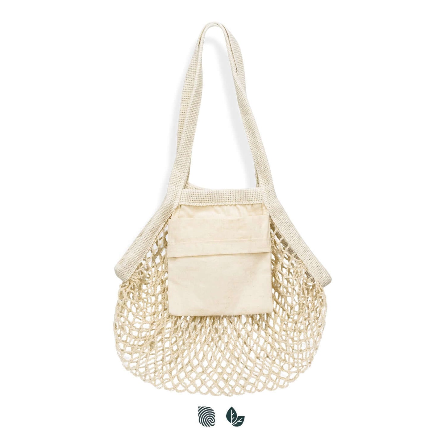 Cotton Mesh Foldaway Tote Bag - Small with compact cotton slip pocket in natural color.