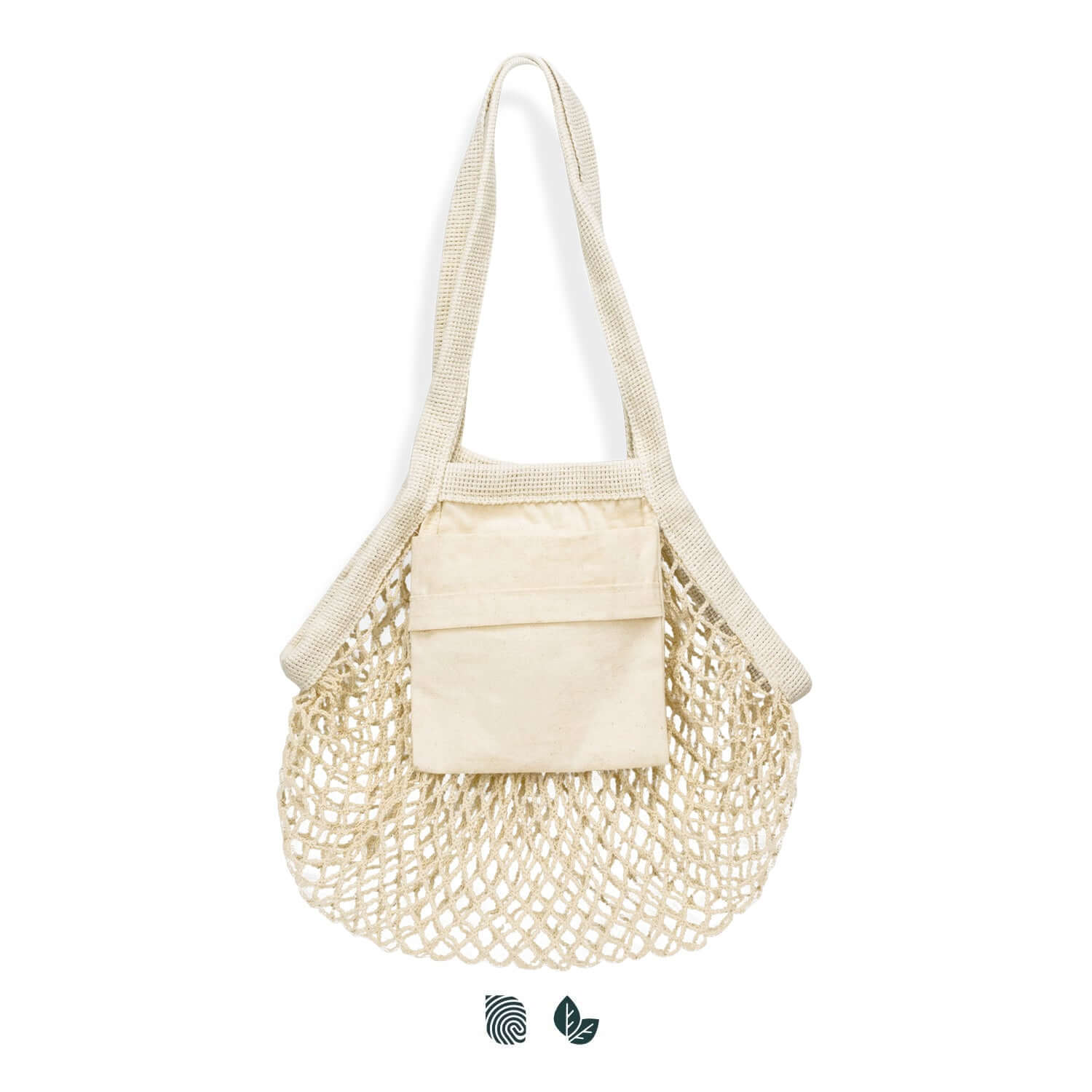 Cotton Mesh Foldaway Tote Bag - Small with compact cotton slip pocket in natural color.