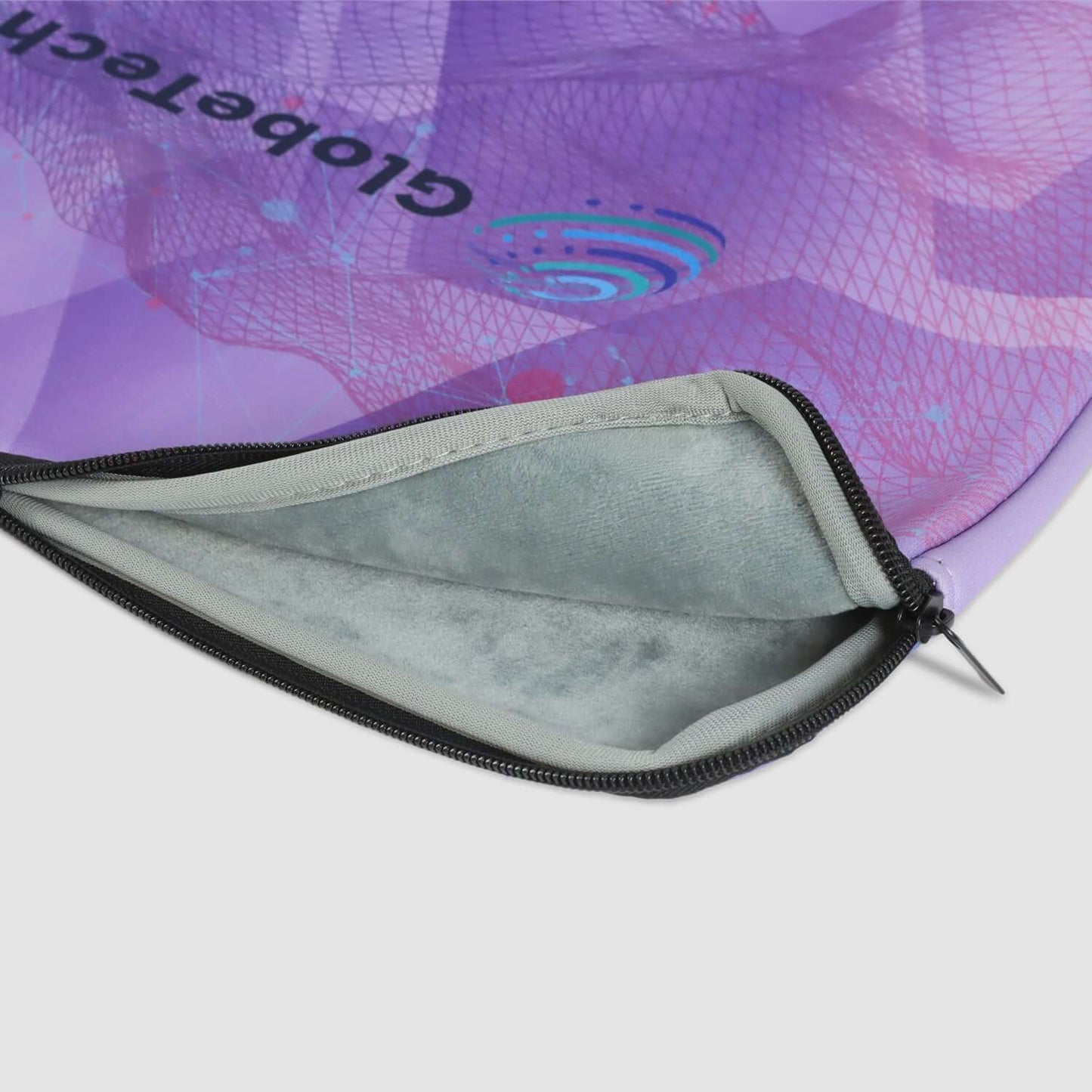 Custom Full Color Laptop Sleeve interior view showing soft polyester lining and neoprene outer shell.