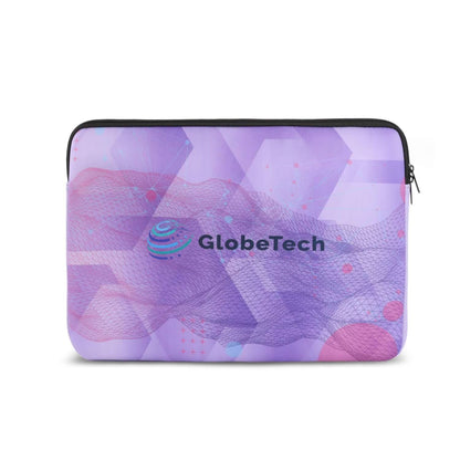 Custom Full Color Laptop Sleeve featuring a colorful design with GlobeTech branding and a zippered closure.