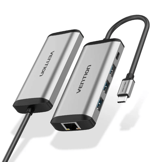 Vention 5-in-1 USB-C Hub with Gigabit Ethernet, featuring sleek aluminum design and multiple ports for connectivity.