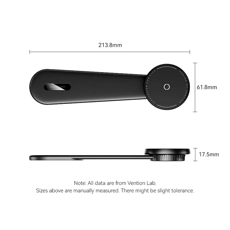 Vention Wireless Car Mount Charger 15W dimensions showing length, width, and height for optimal design reference.