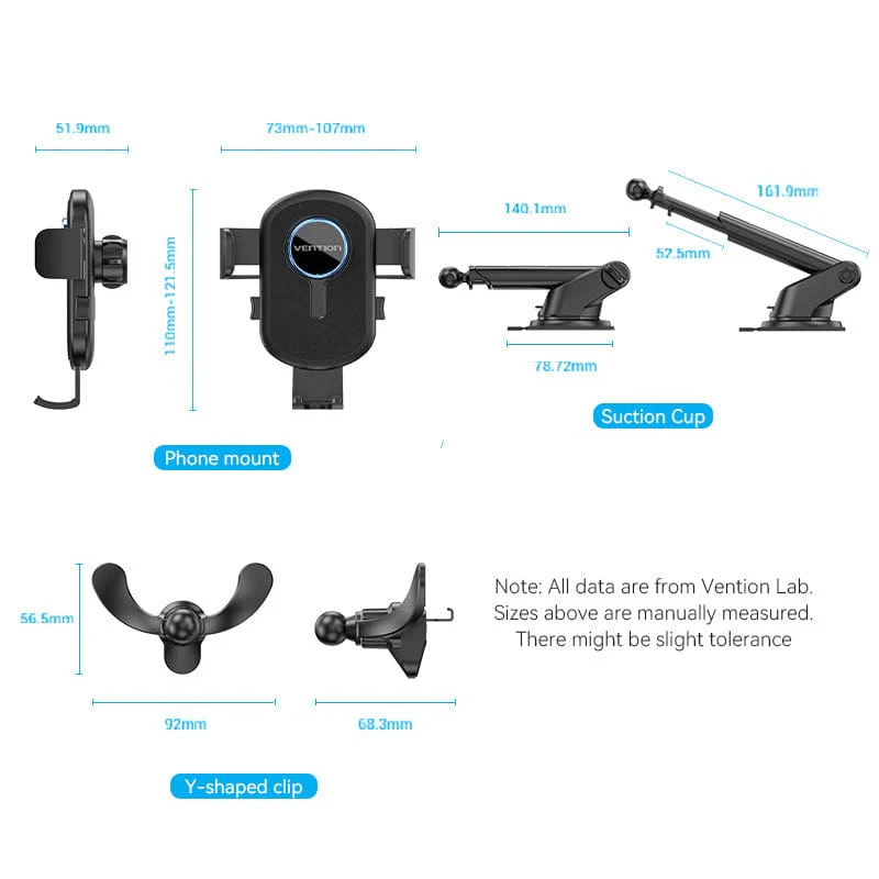 Vention Car Phone Mount with Dual Mounting Mode dimensions and features: suction cup, phone mount, Y-shaped clip.