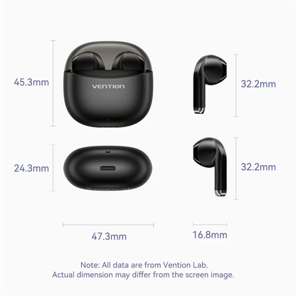 Vention True Wireless Bluetooth Earbuds Elf E07 dimensions and design specifications with sleek look and compact size.