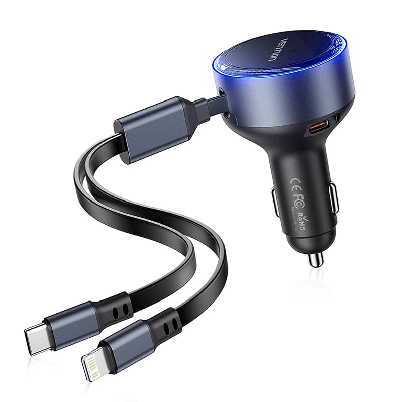 Vention Car Charger with Built-In Cable 30W featuring dual charging ports and integrated cables for fast on-the-go charging.