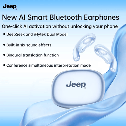 Jeep EX1 Open-Ear Wireless Earbuds with AI Translator showcasing advanced AI features and sleek design.