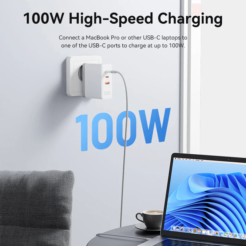 Vention 3-Port USB (C+C+A) GaN Charger 100W with 100W high-speed charging for laptops on a desk.