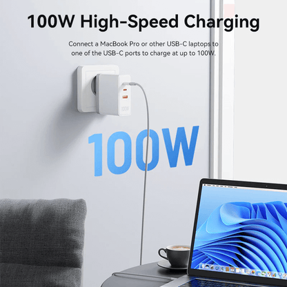Vention 3-Port USB (C+C+A) GaN Charger 100W with 100W high-speed charging for laptops on a desk.