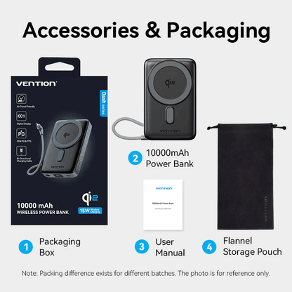Vention Qi2 10000mAh Power Bank 35W with packaging accessories including box and user manual.