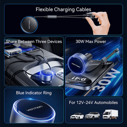 Vention Car Charger with Built-In Cable 30W showcasing flexible charging cables and blue indicator ring for efficient charging.