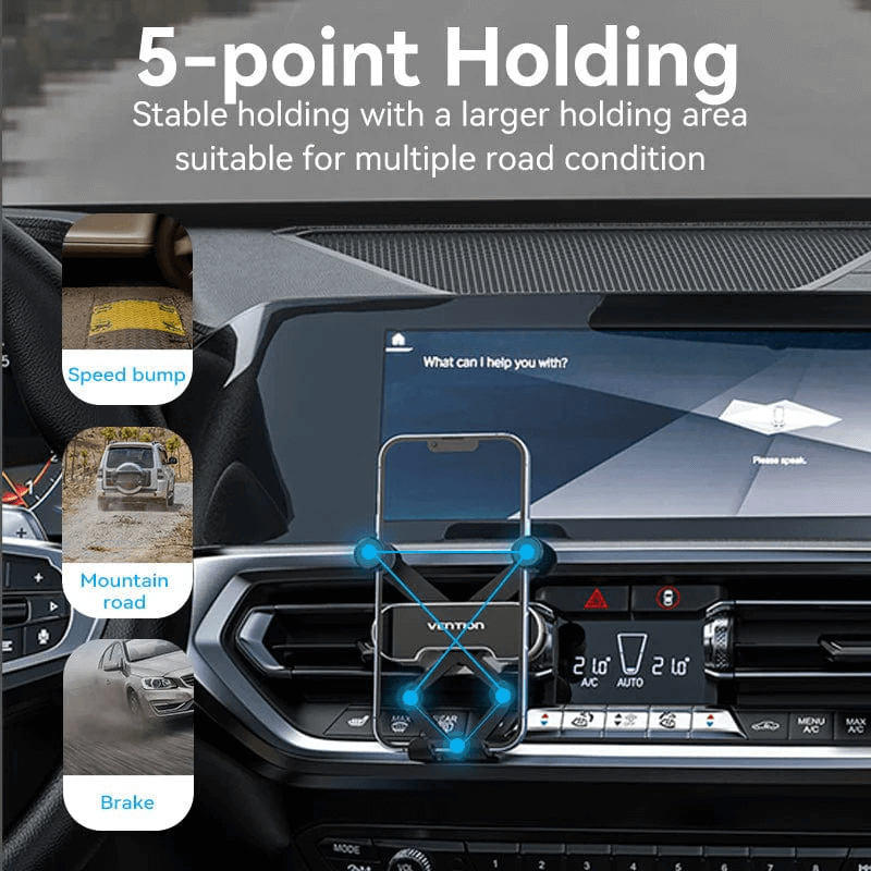 Vention Compact Car Phone Mount showcasing 5-point holding for stable phone support in various road conditions.