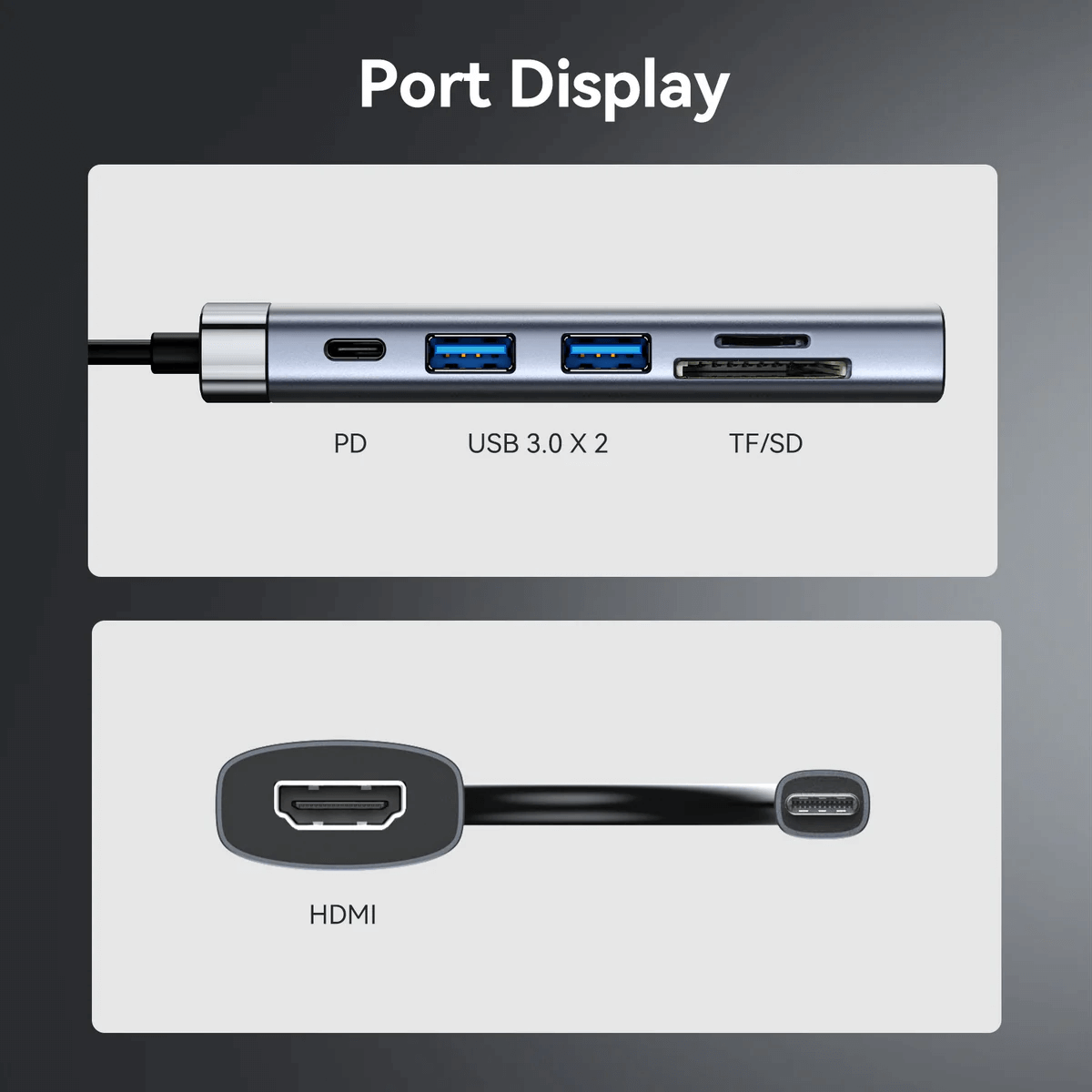 Vention 6-in-1 USB-C Docking Station with HDMI port display showing USB and HDMI connections.