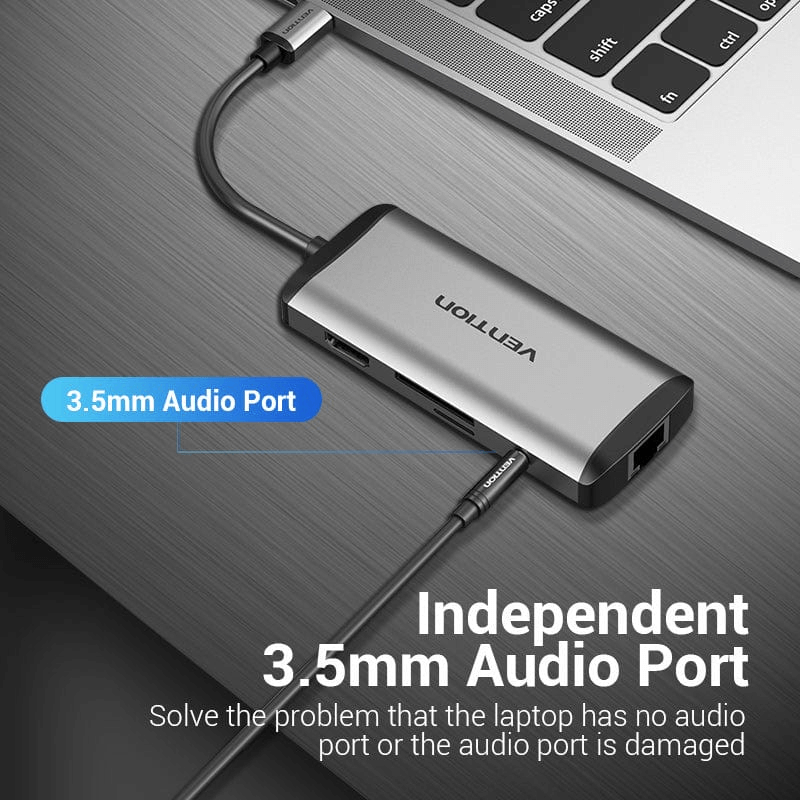 Vention 9-in-1 USB-C USB Hub showcasing independent 3.5mm audio port for enhanced connectivity.