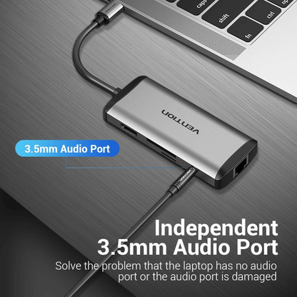 Vention 9-in-1 USB-C USB Hub showcasing independent 3.5mm audio port for enhanced connectivity.