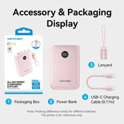 Vention Compact 20000mAh Power Bank 22.5W accessory and packaging display with lanyard and USB-C cable.