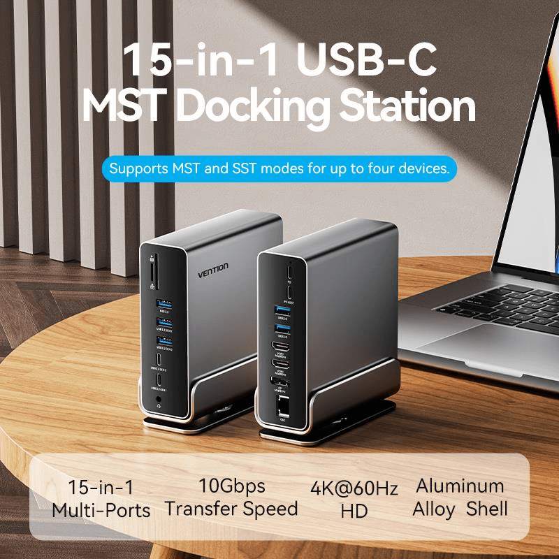Vention 15-in-1 USB-C MST Docking Station showcasing multi-ports and 4K@60Hz support for enhanced productivity.