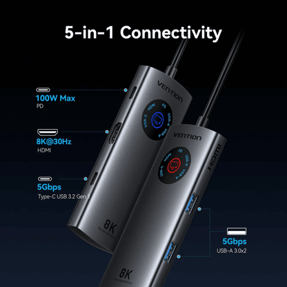 Vention 5-in-1 USB-C 8K Docking Station with LED Display showcasing 5-in-1 connectivity and LED power indicator.