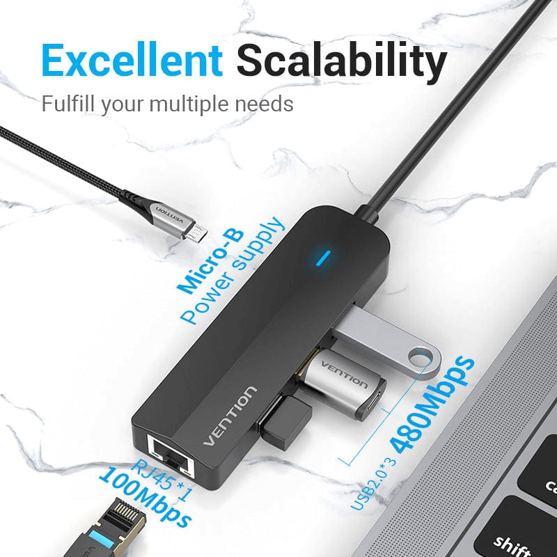 Vention 5-in-1 USB-C Hub with 3 USB 2.0 Ports showing excellent scalability and connectivity options.