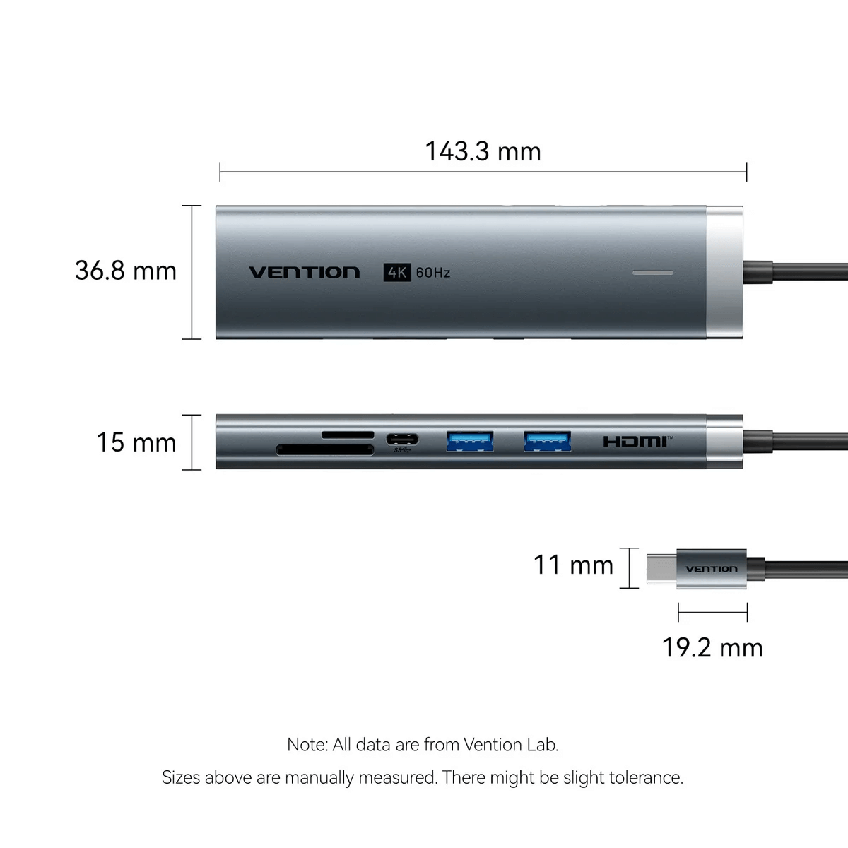 Vention 7-in-1 USB-C Docking Station dimensions with ports and connectivity options